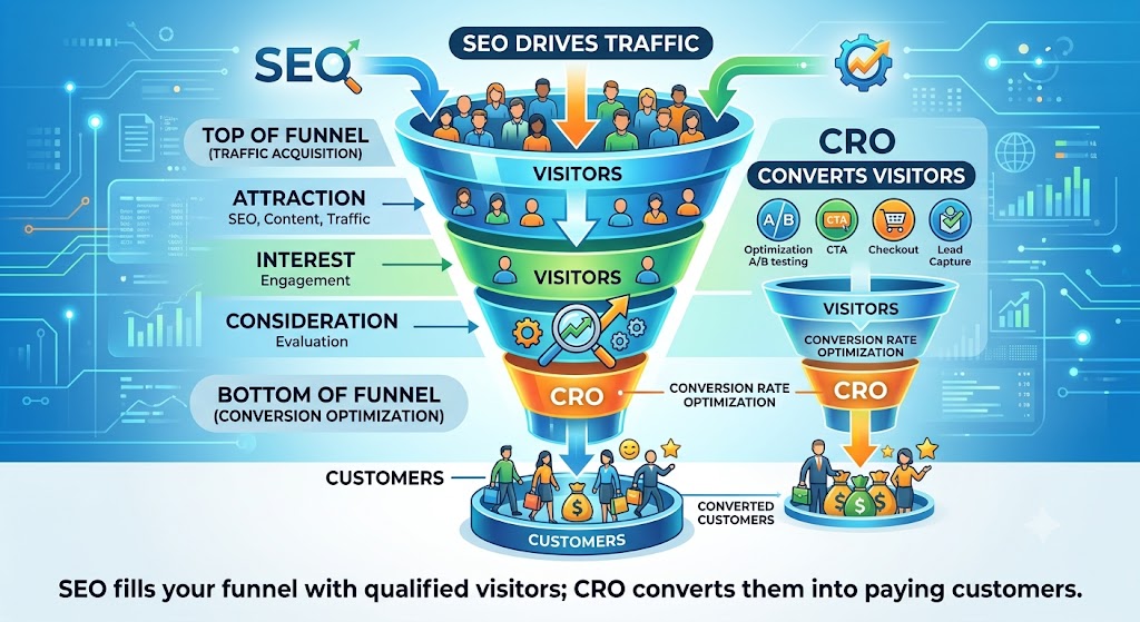 Marketing funnel showing SEO at the top driving traffic and CRO at the bottom