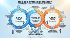 SEO and CRO integration strategy diagram showing how search engine optimization and conversion rate optimization work together to drive revenue"