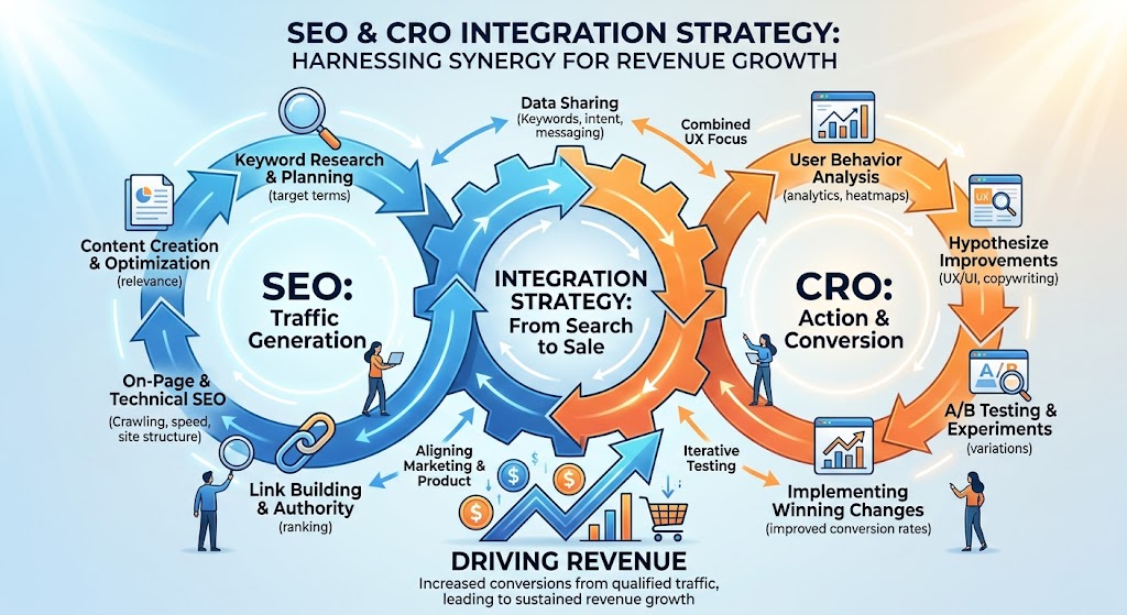 SEO and CRO integration strategy diagram showing how search engine optimization and conversion rate optimization work together to drive revenue"