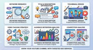 Icons representing YouTube SEO services including keyword research, optimization, and analytics