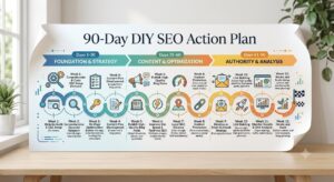 90-day DIY SEO plan infographic showing setup, optimization, and measurement phases Placement: Above or within the 90-day section