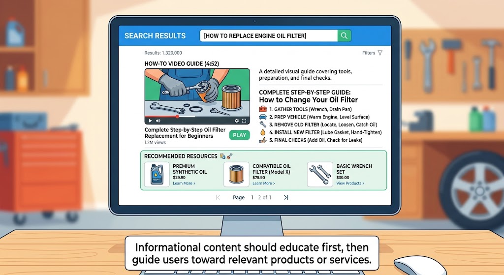 formational search results showing how-to video content and step-by-step guides ranking at the top
