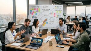Social media marketing team collaborating on strategy in a modern office