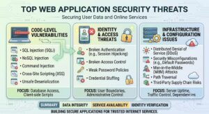 Infographic illustrating common web security threats including XSS, CSRF, SQL injection, and DDoS with prevention methods