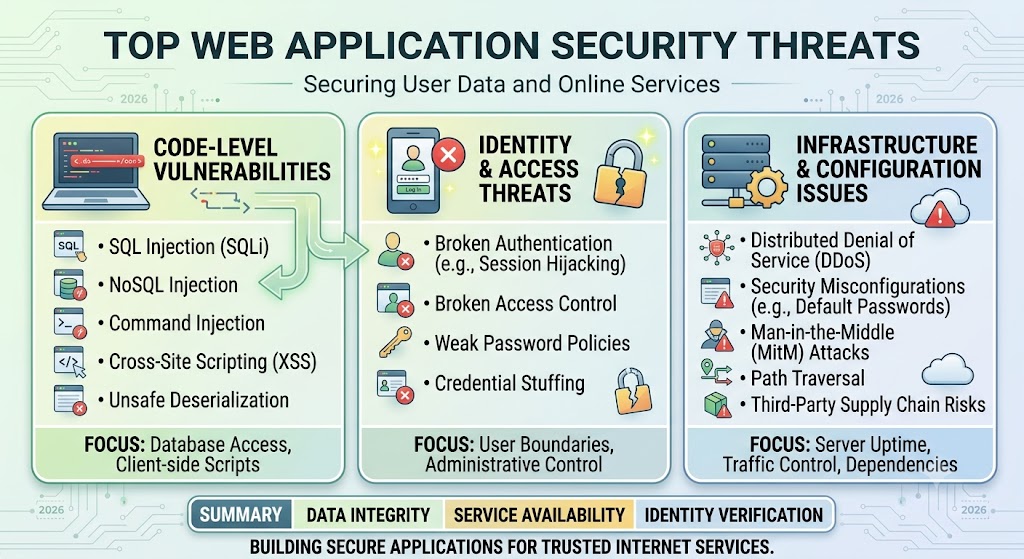 Infographic illustrating common web security threats including XSS, CSRF, SQL injection, and DDoS with prevention methods